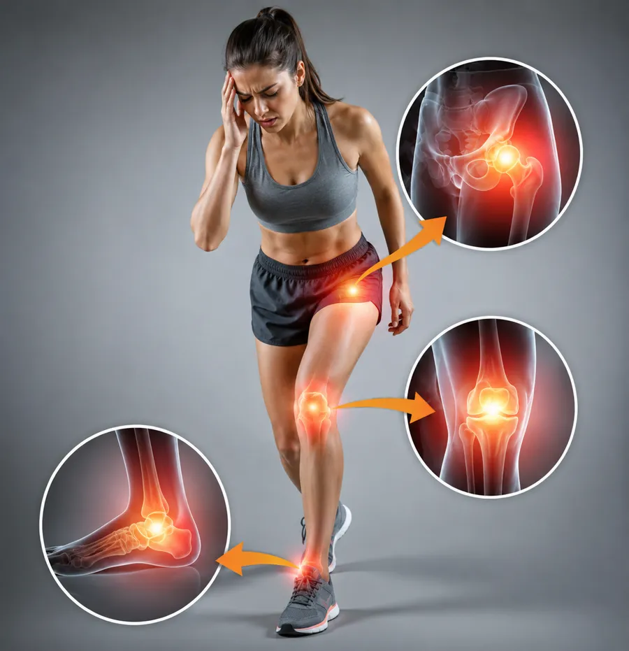 Joint pain highlighted in the knee, ankle and foot of an active woman