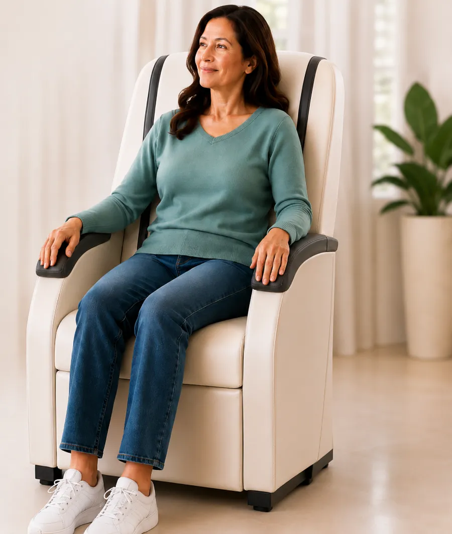 Silla de terapia de piso pélvico con ilustración de energía electromagnética